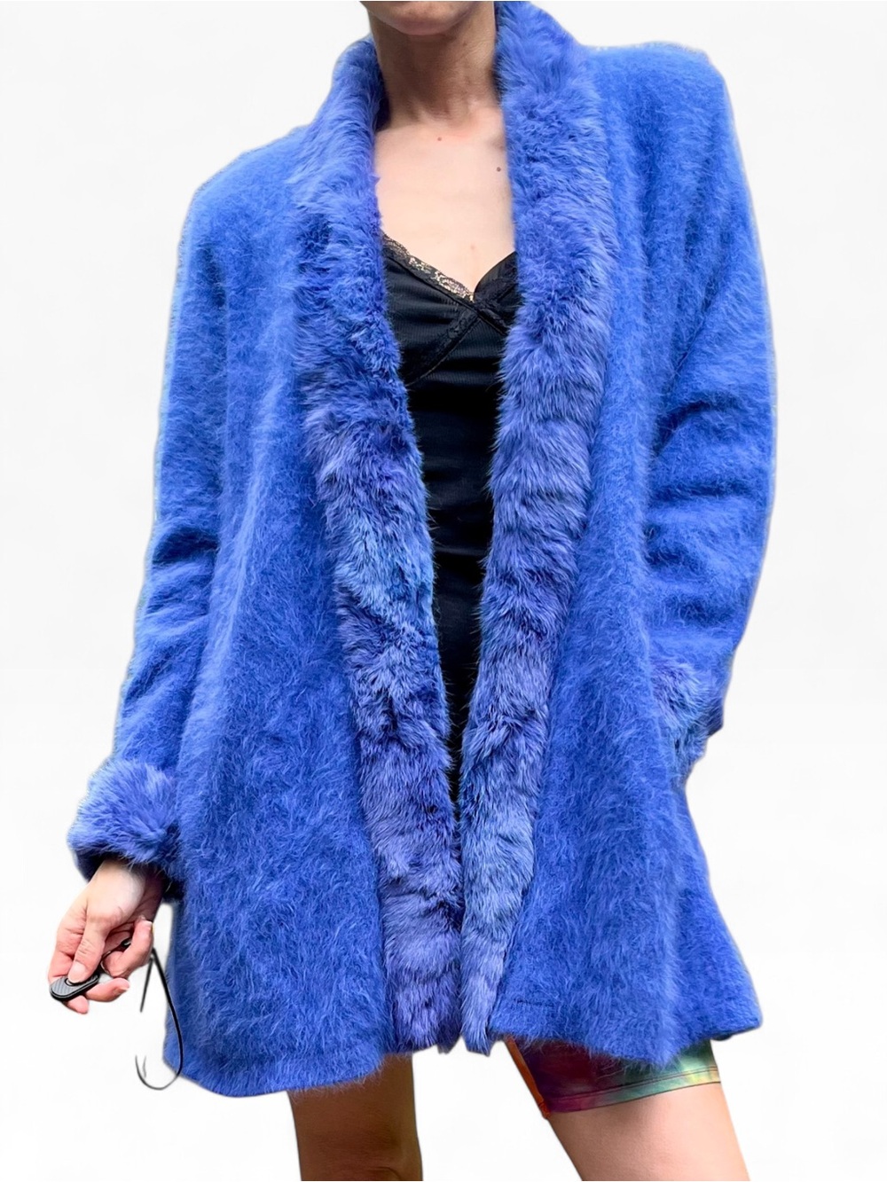 Vintage 80s Periwinkle Blue Angora Rabbit Fur Trim Swing Coat SZ M/L
